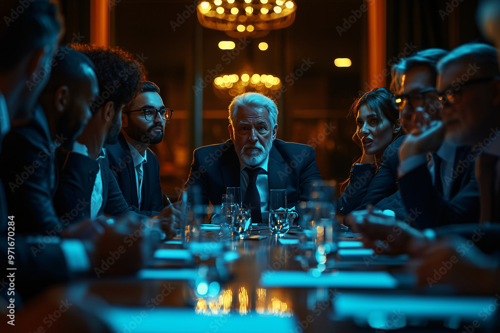 Poster a diverse group of executives engaged in heated discussion around conference table, showcasing inten