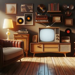 Vintage television set on a wooden table in a cozy living room