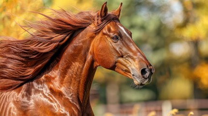 Fototapeta premium A chestnut brown horse with flowing mane in sunlit field surrounded by magical water droplets