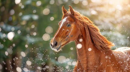 Majestic chestnut brown horse in sunlit field with water droplets creating enchanting atmosphere