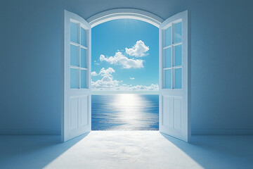 A bright new world awaits beyond open door, revealing stunning ocean view under clear blue sky. scene evokes feelings of hope and endless possibilities