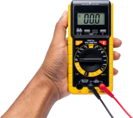 Hand of a black man holding a digital multimeter, electrician equipment, electrical measuring tool
