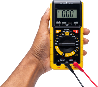 Hand of a black man holding a digital multimeter, electrician equipment, electrical measuring tool - Powered by Adobe