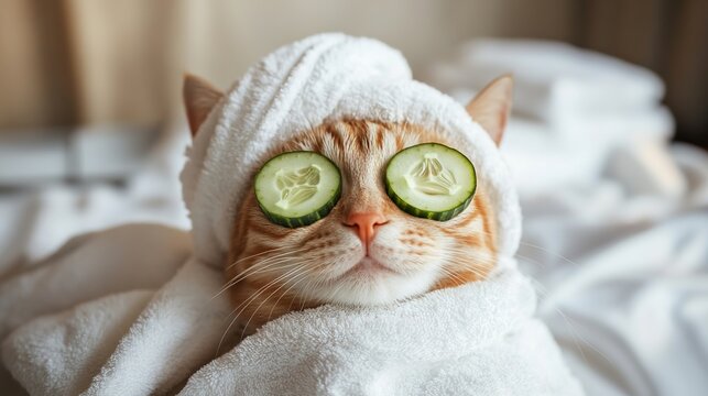  Portrait of a cute cat in a spa, with cucumber slices on its eyes and a towel wrapped around its head