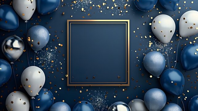 Blue and white balloons with confetti and gold frame on dark background, ideal for party invitations, banners, or festive designs with copyspace
