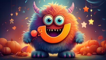  Birthday party invitation featuring a cute cartoon monster and fluffy number nine, blen_1(57)