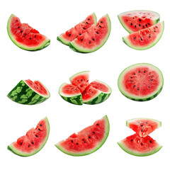 set of watermelon slices on transparent background, clipping path, png, 