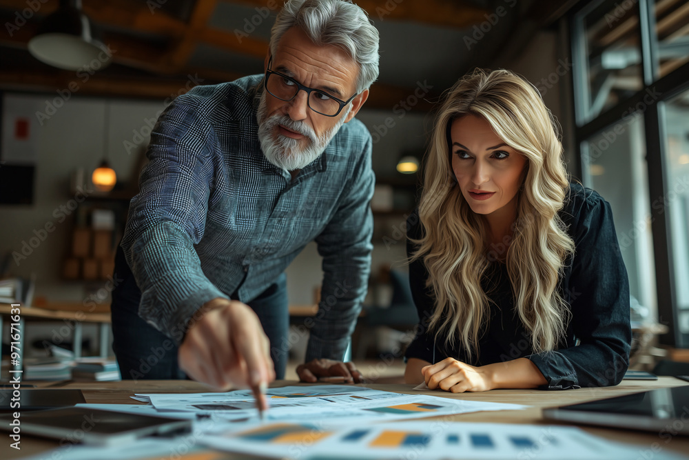 Aufkleber two executives are engaged in focused discussion, leaning over table filled with charts and graphs, 