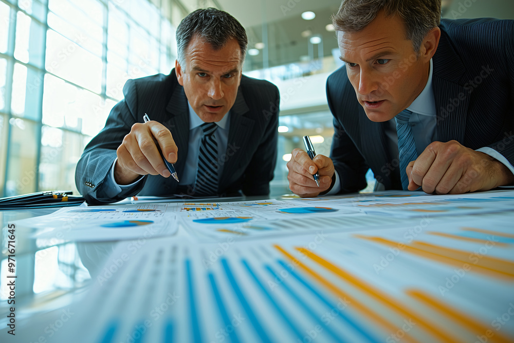 Aufkleber two executives are intensely analyzing data charts and reports on table, showcasing collaborative an