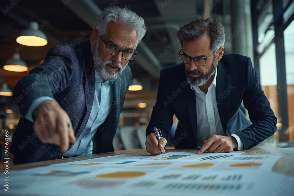 Poster two executives are engaged in focused discussion, leaning over table filled with charts and graphs, 