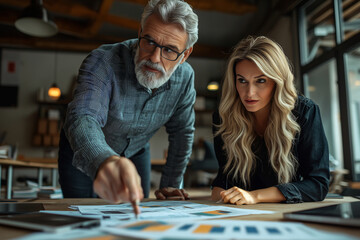 Fototapeta premium Two executives are engaged in focused discussion, leaning over table filled with charts and graphs, analyzing data together. Their expressions reflect determination and collaboration