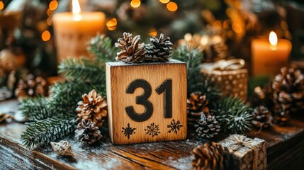 Wooden December 31st Calendar with Christmas Tree Background