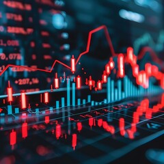 Detailed macro of a recession report with downward trending graphs and economic symbols, background blurred,