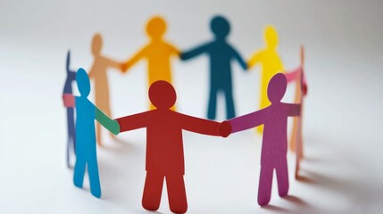 Paper humans holding hands in a circle, white background, cutout style generative ai