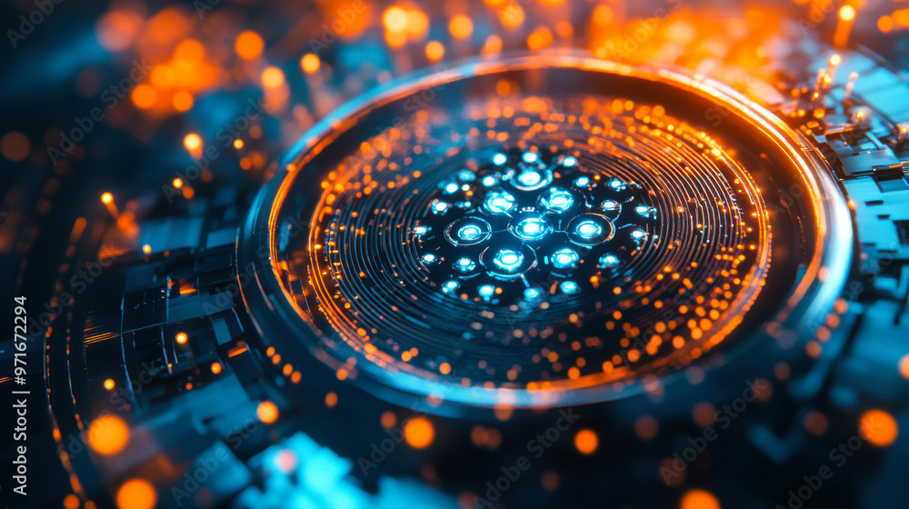 Poster futuristic glowing circular pattern with intricate designs and vibrant colors creating a digital lan
