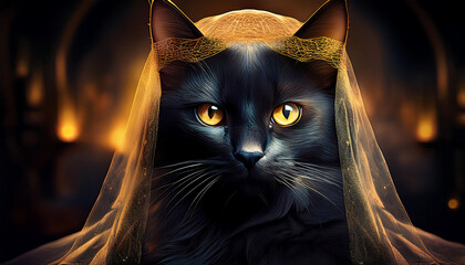  Black cat wearing a veil, with glowing golden eyes, exuding mystery and elegance. _1(72)