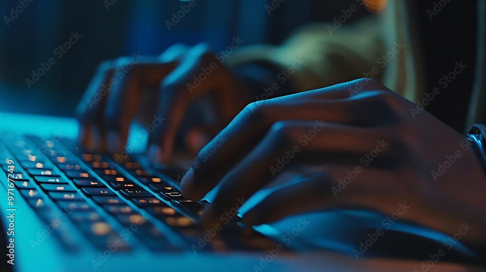 Poster close up of hands typing on a backlit keyboard in a dark room.