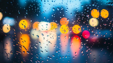 Fototapeta premium Raindrops on a window with blurred city lights in the background.