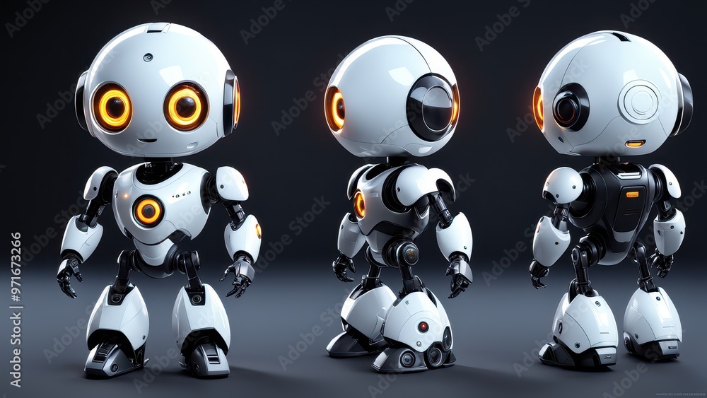 Poster a futuristic robot character with expressive eyes and a sleek design.