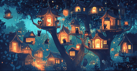 A whimsical treehouse filled with cute cats, each room has its own magical glow and is surrounded by trees with hanging cat houses.