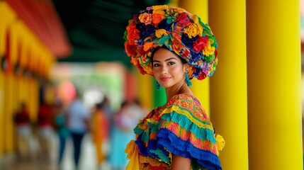 Portrait of Woman in Colorful Traditional Costume at an Outdoor Festival