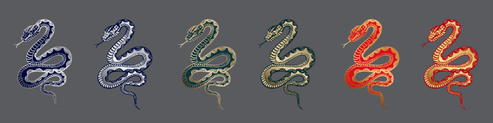 Obraz premium Set of hand drawn illustration of coiled snakes, featuring intricate linework and bold contrast. Graphic sketch of a red, blue and green venomous reptiles with golden and silver outlining