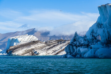 Arctic icebergs and seagulls in the distance on an island with mountains, ocean water, and blue...