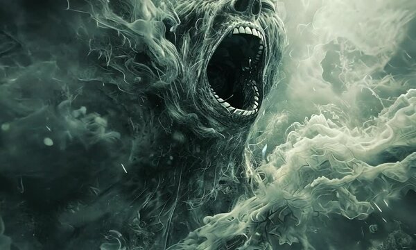 A man with a mouth open is surrounded by a cloud of smoke