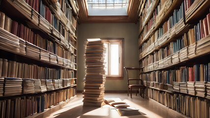 Obraz premium A stack of books in a library or bookstore. Books or textbooks. AI generated image, ai