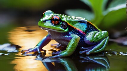 Naklejka premium A vibrant frog perched on a reflective surface, showcasing its colorful features.