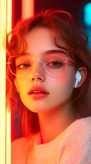 Fototapeta premium Trendy Teenage Girl Immersed in Wireless Music by Neon Lit Wall