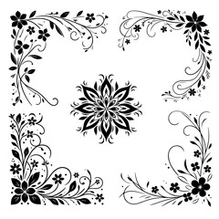 Elegant floral corner collection design - Black and White vector Illustration