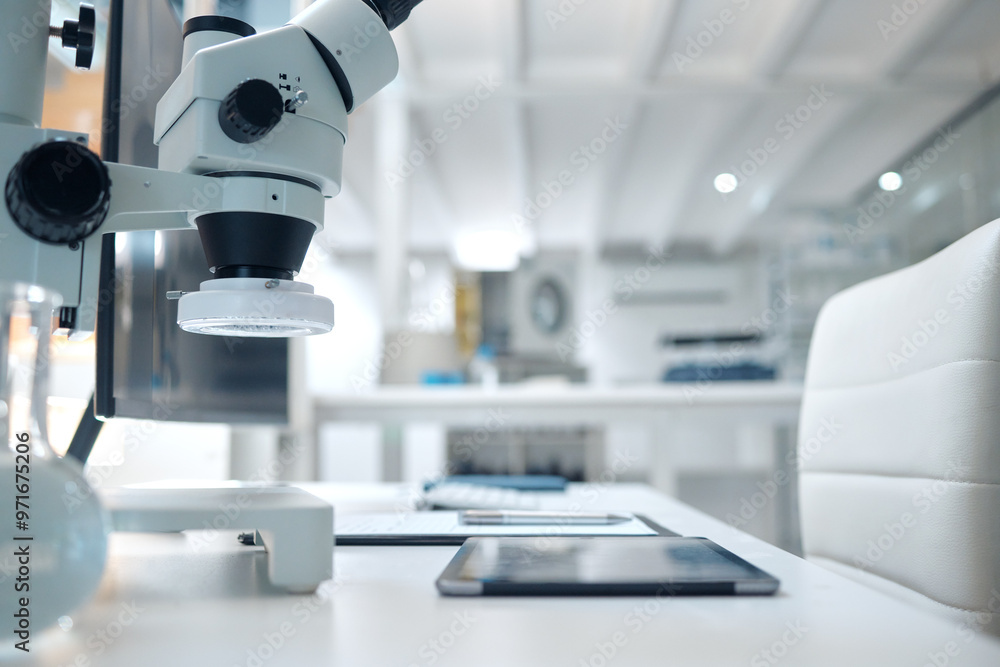 Poster science, laboratory and microscope with tablet for research, medical study and vaccine development. 