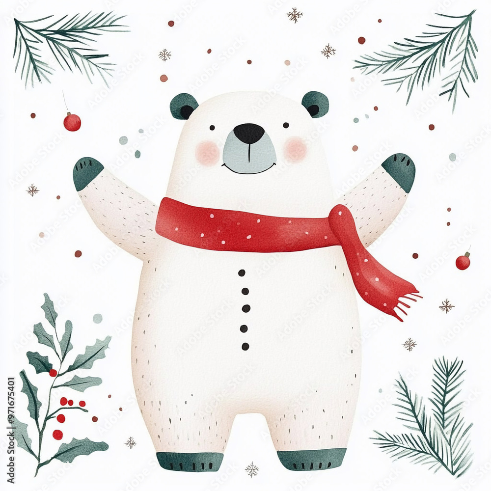 Wall mural Watercolor white New Year's bear in a red scarf