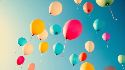 Colorful balloons float in the blue sky.
