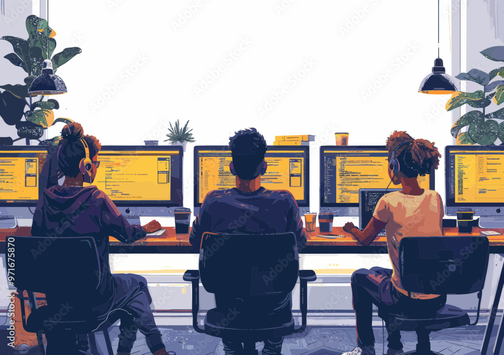 Poster web development team collaboration in modern office with coding screens, daytime programming, teamwo