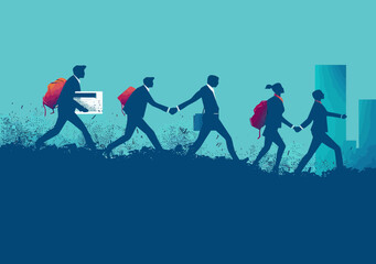 Obraz premium Team of Business People Joining Hands to Overcome Obstacles During Daytime in Cityscape - Concept of Teamwork, Cooperation, and Unity for Business Success