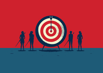 Teamwork and Growth Concept - Silhouettes Aiming and Hitting the Target, Business Vector Illustration Depicting Collaborative Success and Precision