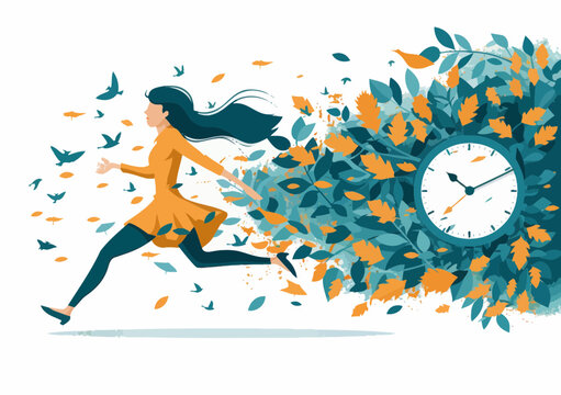 Female Manager Running Against Time, Symbolizing Modern Work Life Pressures and Hard Work Ethic in a Minimalistic Business Vector Illustration