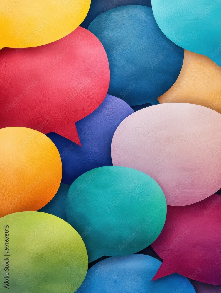 Poster a colorful arrangement of speech bubbles representing communication and expression in a vibrant back