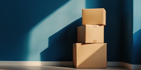 Three stacked cardboard boxes in a sunlit corner against a blue wall, ideal for relocation or storage concepts.