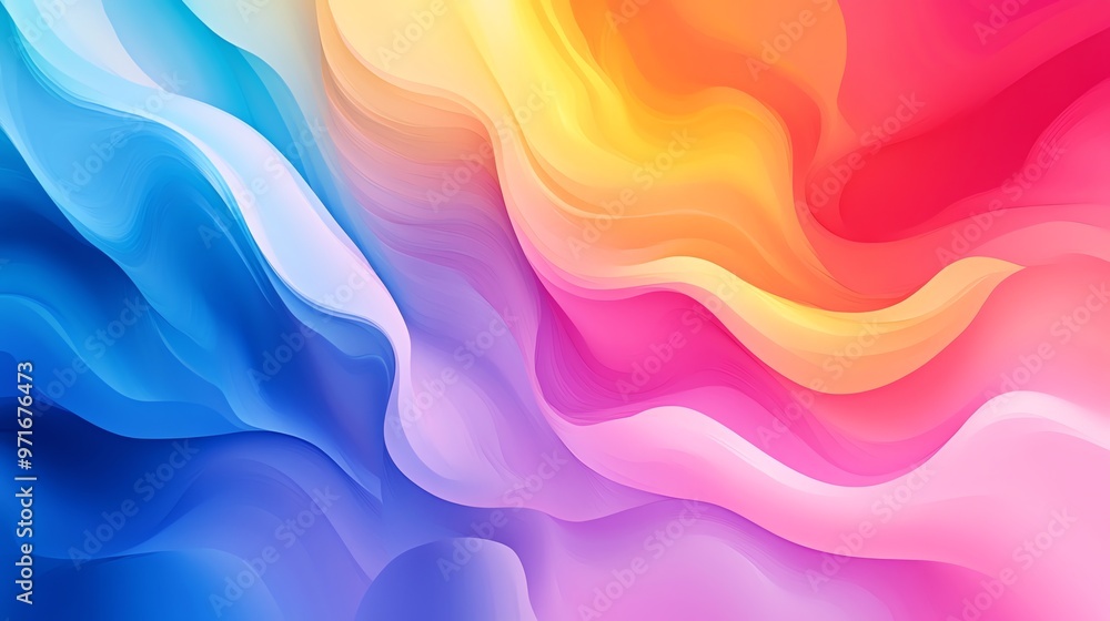 Poster abstract colorful background with flowing waves and a gradient from blue to pink and orange.