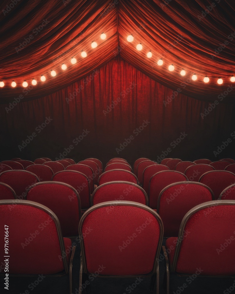 Poster empty red theater seats under warm stage lights create an inviting atmosphere for an upcoming perfor