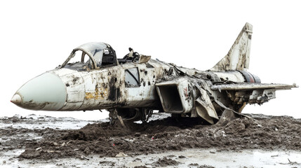 wreckage of a burned military combat jet on transparent background
