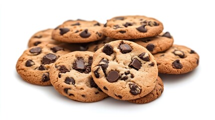 Delicious cookies with chocolate chips on white background. AI generation