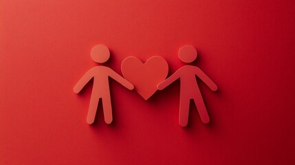 Paper humans holding hands, with a heart shape in the middle, red background generative ai