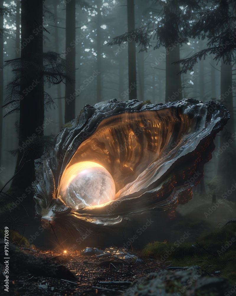 Poster a glowing orb rests inside a large, open shell in a misty forest.
