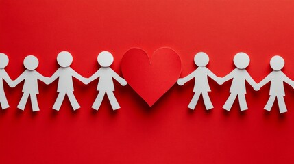 Paper humans holding hands, with a heart shape in the middle, red background generative ai
