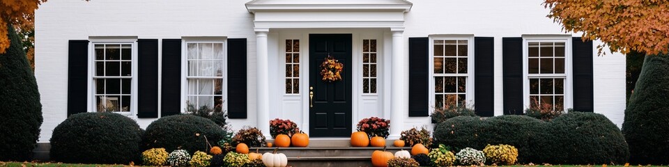 Naklejka premium A cozy house , surrounded by pumpkins and gourds in the front yard, fall aesthetic banner. Autumn sesonal and halloween concept