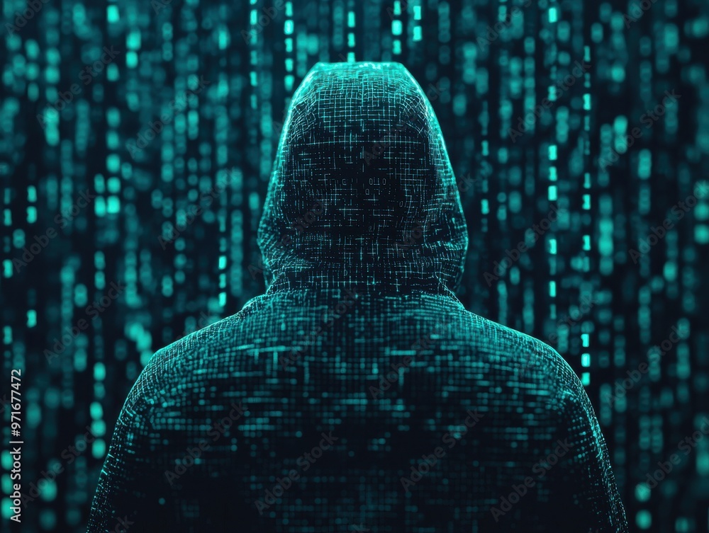 Poster a mysterious figure in a hooded sweatshirt stands against a backdrop of glowing green binary code, s